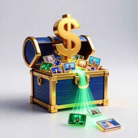 Treasure chest overflowing with glowing video thumbnails emitting beams of light toward a golden dollar sign on a bright background.