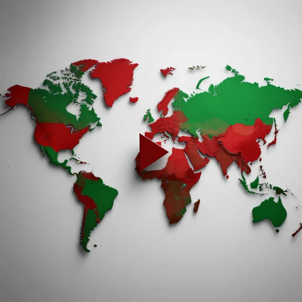 World map showing countries where YouTube is banned in red, highlighting the bans with a broken play button overlay.