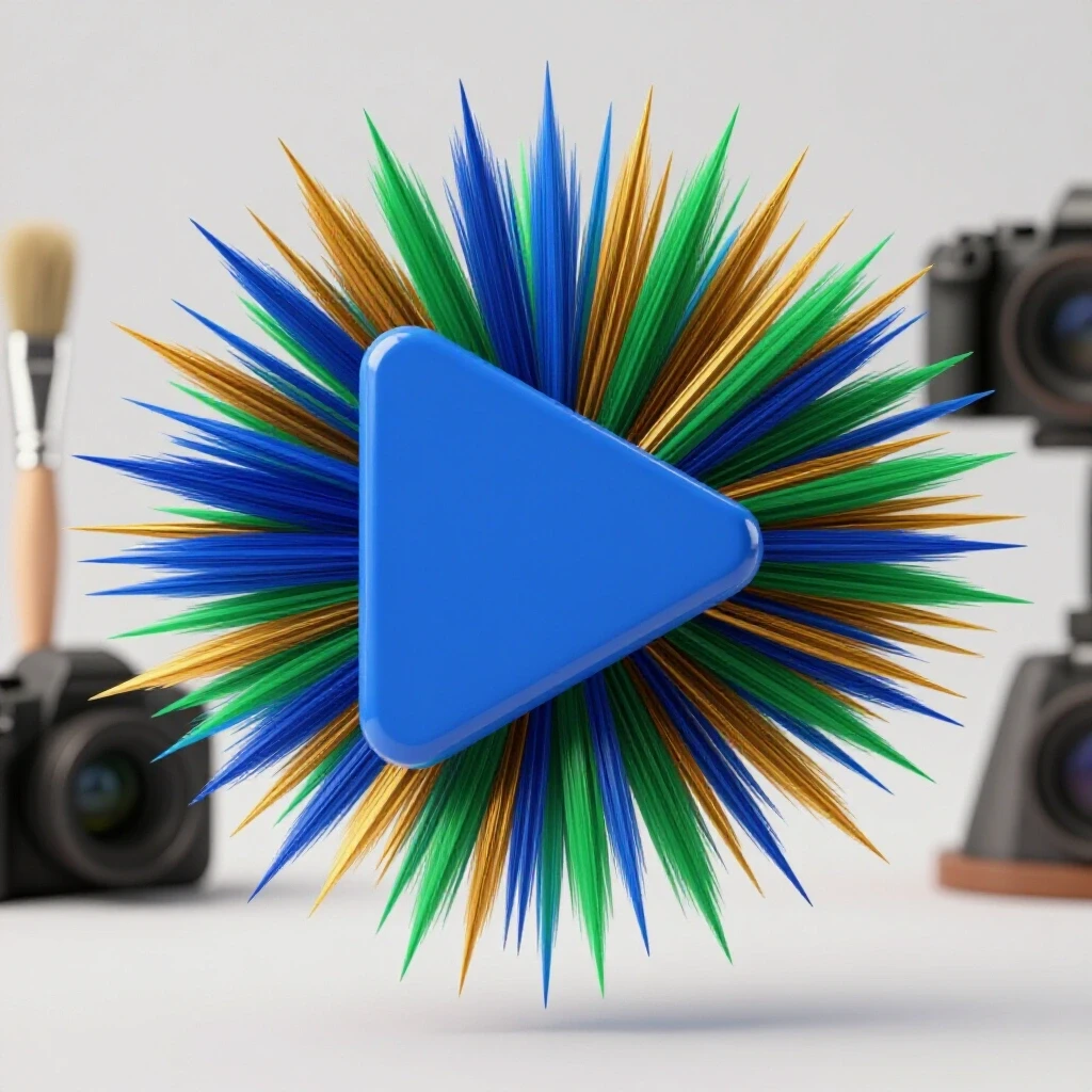 A vibrant, colorful 3D image featuring a large play button, paintbrush, and camera, symbolizing video creation tools.