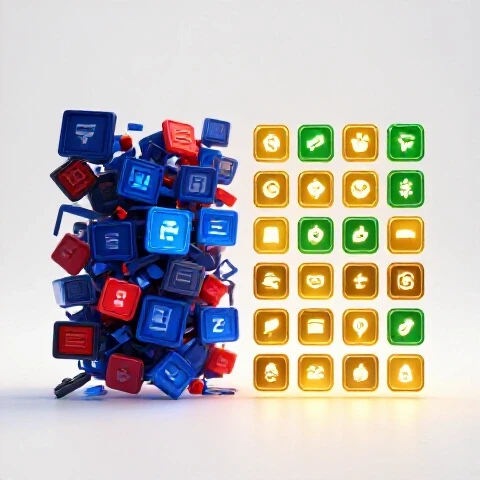 Split-screen scene with chaotic video elements on one side and polished, vibrant visuals with a golden spotlight on the other, showing a dramatic transformation.