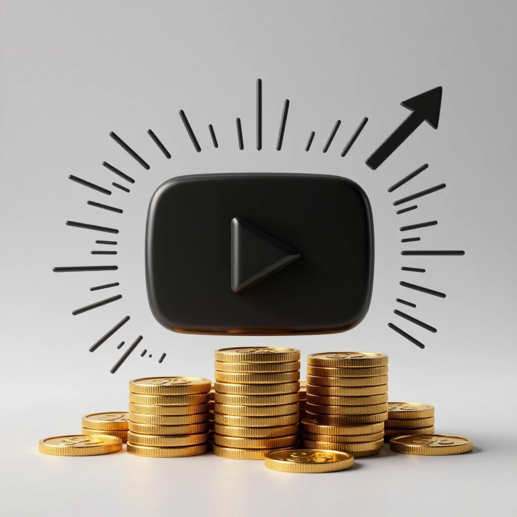 A YouTube play button transforms into a stack of gold coins, symbolizing royalty profits against a bright backdrop.