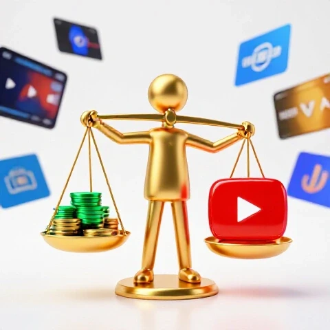 Gold scale balancing money and a glowing YouTube play button amid video thumbnails and brand icons, bright scene.