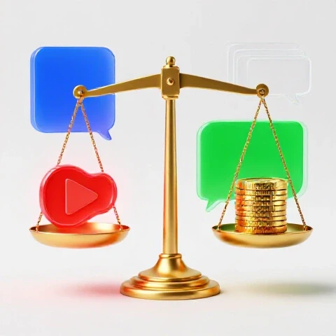 Golden scale balancing a glowing video play button and shining coins, set against a bright studio backdrop symbolizing negotiation.