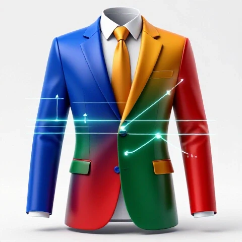 Colorful brand icons and dynamic arrows blend into a video editing timeline with a suit torso, bright background