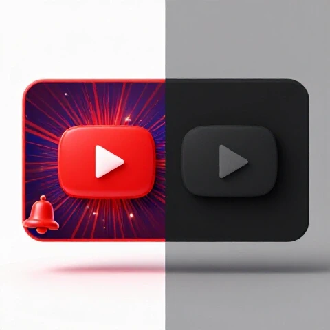 Split scene with bright active YouTube symbols on one side and dimmed paused icons on the other, separated by contrasting colors.