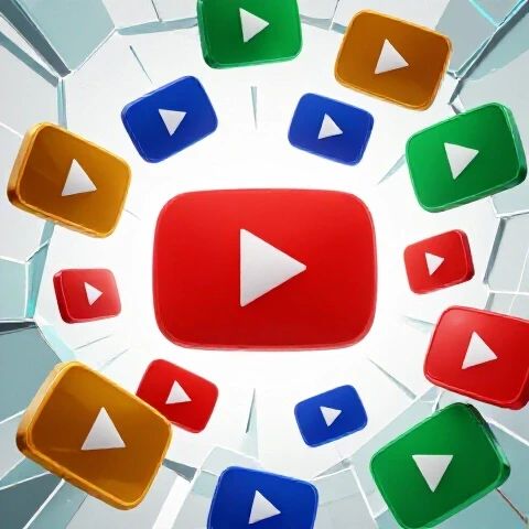 Vibrant play buttons exploding upward through a shattered barrier against a bright white studio background