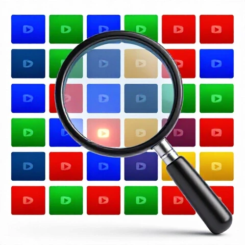 Magnifying glass highlighting a glowing video thumbnail in a colorful grid on a bright studio background