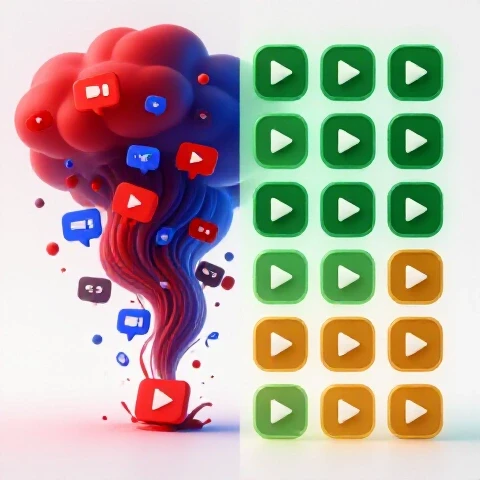 Split-scene with chaotic storm of video icons and notifications on one side, serene calm with balanced video elements on the other, all set against a bright white studio background.