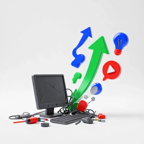A dull, broken workspace transforms into a vibrant burst of creative symbols on a bright white background.