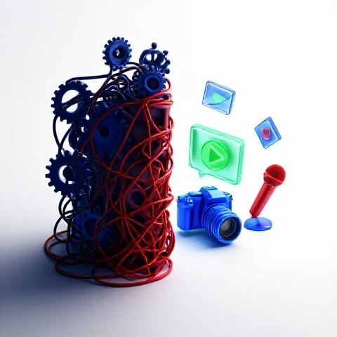 Contrasting tangled dark objects and vibrant creative tools on a bright background, symbolizing burnout recovery