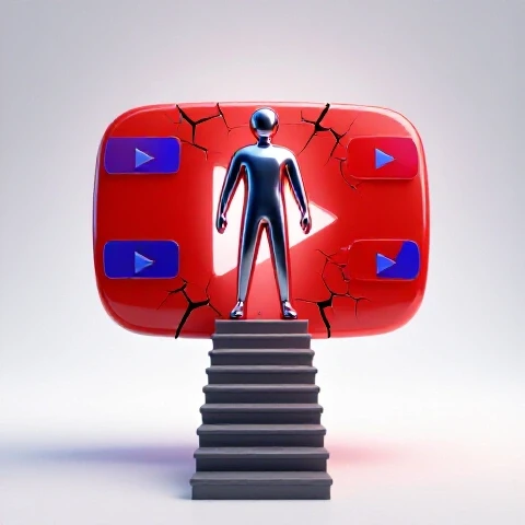 Abstract figure balanced on a staircase of vibrant YouTube play buttons with broken steps behind, symbolizing business growth challenges.