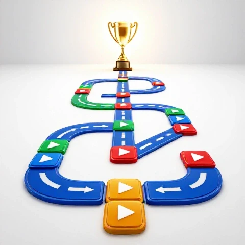 Interconnected colorful video play buttons form a digital roadmap leading to a glowing gold trophy on a bright background.