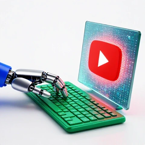 Robotic hand typing on a sleek keyboard beside a glowing YouTube play button emerging from a digital matrix.