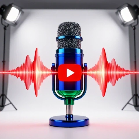 Robotic microphone emits glowing sound waves transforming into a vibrant YouTube play button on a bright background.