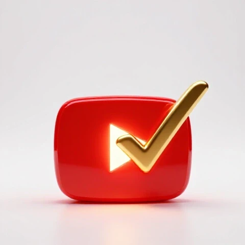 Golden checkmark stamps approval onto a glowing YouTube play button under bright studio lighting