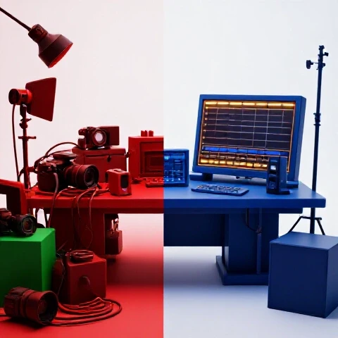 Split-screen image contrasting a chaotic, overfilled video production setup with a sleek, efficient studio, both set against a brightly illuminated white background.