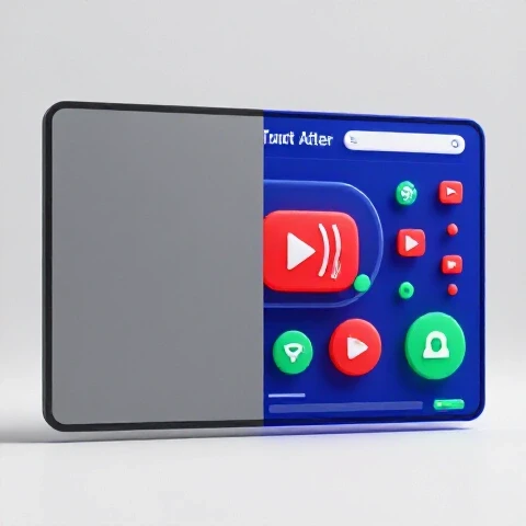 Split image of outdated dull YouTube channel interface transforming into a vibrant, colorful new design on a bright background.