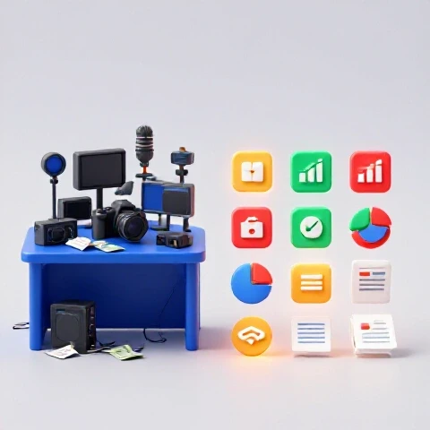3D-rendered split scene: messy creator's desk with equipment and receipts beside organized financial icons and charts.