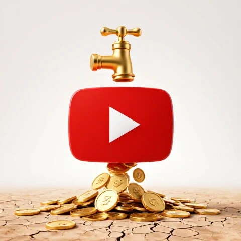 Golden faucet shaped like a YouTube play button pours gold coins onto cracked earth in a bright, clean studio.
