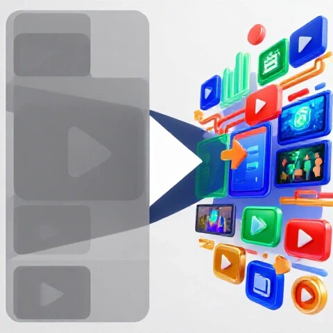 A stagnant gray YouTube channel icon splits into a vibrant, colorful creative scene on a bright studio background.