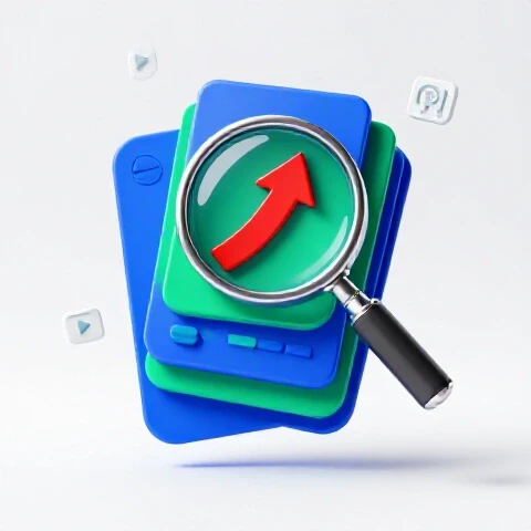 Magnifying glass reveals a glowing upward arrow within a digital profile card, surrounded by video icons on a bright background