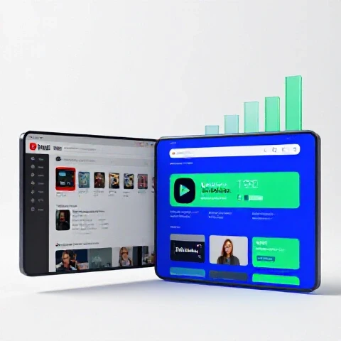 Split-screen showing faded, cluttered YouTube page transforming into a vibrant, sleek channel with upward trends.
