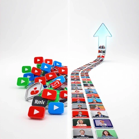 Split scene of chaotic video icons transforming into a streamlined path of thumbnails leading to a glowing arrow upward.