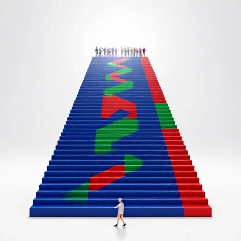 Video play button staircase rising toward a glowing summit, abstract figure climbing upward on bright white background.