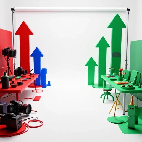 Split-screen showing a cluttered workspace contrasted with an organized, colorful YouTube studio and upward arrows