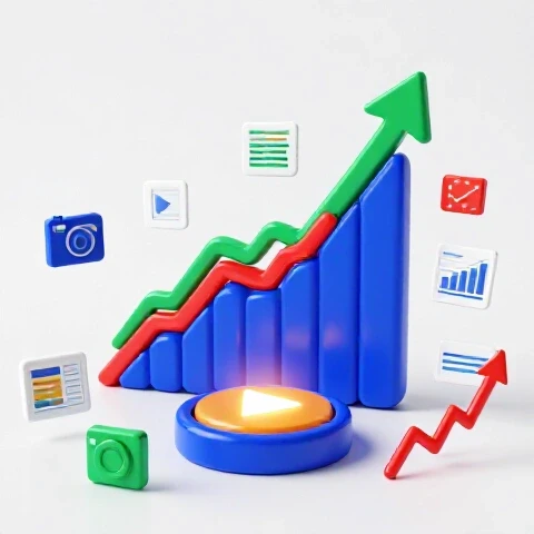 A glowing play button launches a bold upward-trending graph, surrounded by creative tools and analytics icons on a bright studio background.