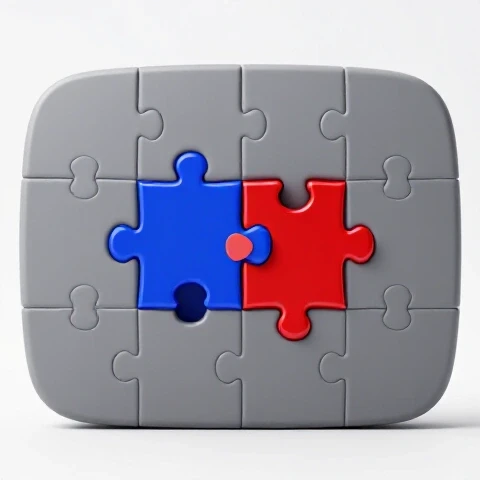 Vivid puzzle piece highlighted as it's inserted into a grayscale YouTube play button, spotlighted and central.