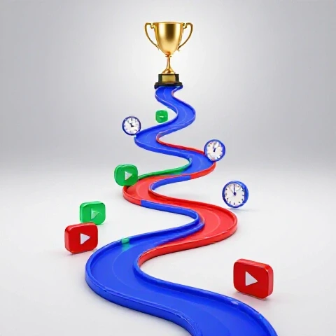 A winding path of colorful play icons leads past clocks and milestones to a shining golden trophy on a bright background.
