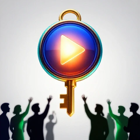Golden key unlocking glowing play button as abstract figures reach toward it, on bright studio background