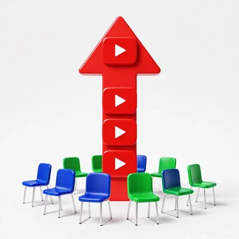 A vibrant arrow made of YouTube play buttons rises from a group of colorful empty chairs on a bright background.