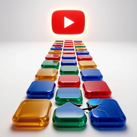 Vivid colored path with broken stepping stones leads toward a glowing YouTube play button on a bright white background.