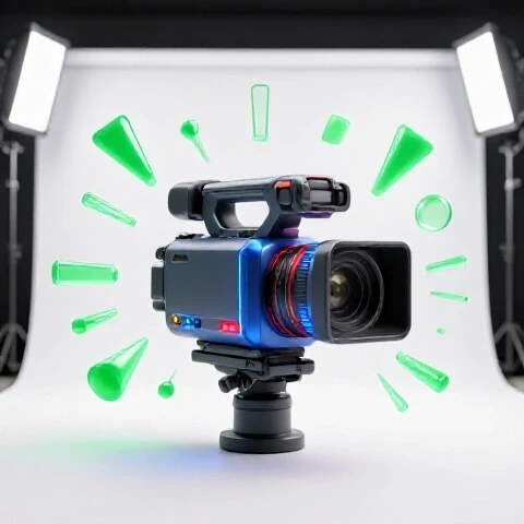 A small dull video camera transforms into a large high-tech camera surrounded by vibrant creative tools on a bright background.
