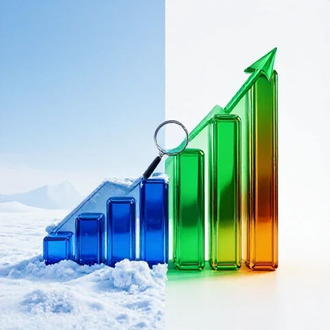 Dramatic upward-trending graph shifts from icy blue winter to bright green summer in crisp, luminous studio lighting.