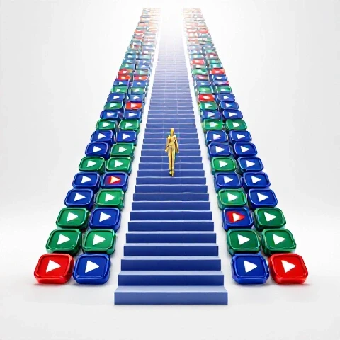 Glossy colored video play button staircase ascends to a glowing summit, symbolizing YouTube channel growth.