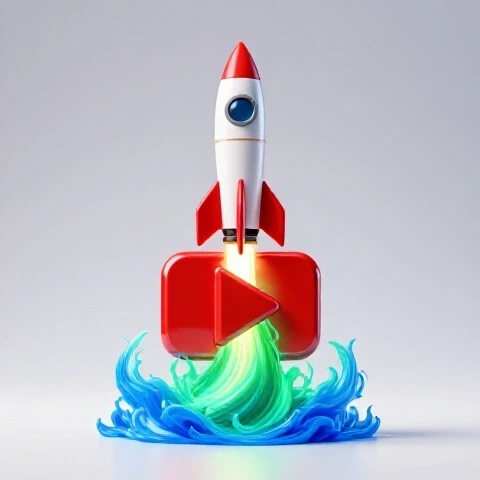 A vibrant rocket frozen above a glossy red play button, swirling energy beneath, on a bright studio background.