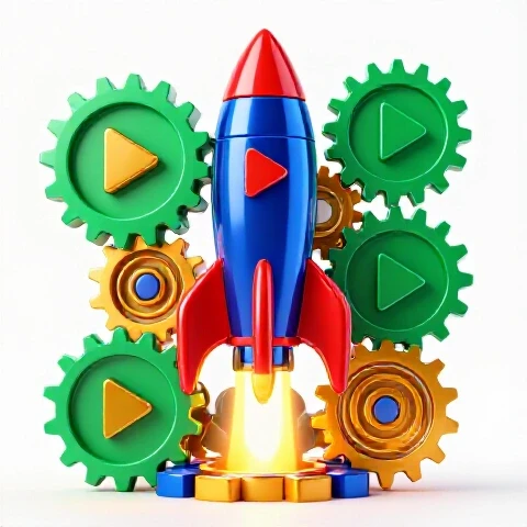Colorful video play icon rocket launching upward with digital gears on a bright white background