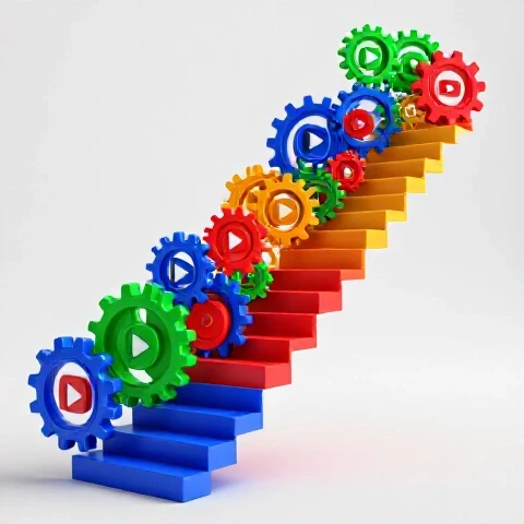 Vivid gears and video play icons transform into an upward staircase in a bright studio setting, symbolizing YouTube growth.