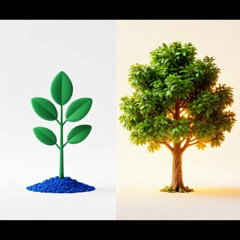 Split-screen image contrasting a small sapling in soft light with a vibrant tree glowing in golden light.
