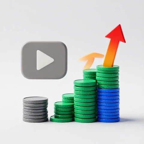 Split image of declining coins and dull video player on one side, vibrant growing coins and dynamic video player with upward arrows on the other, contrasting outcomes of YouTube SEO optimization.