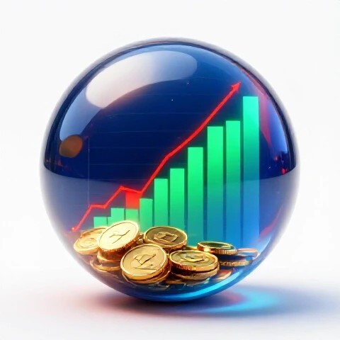 Crystal ball glowing with YouTube analytics charts and swirling gold coins on a bright white background