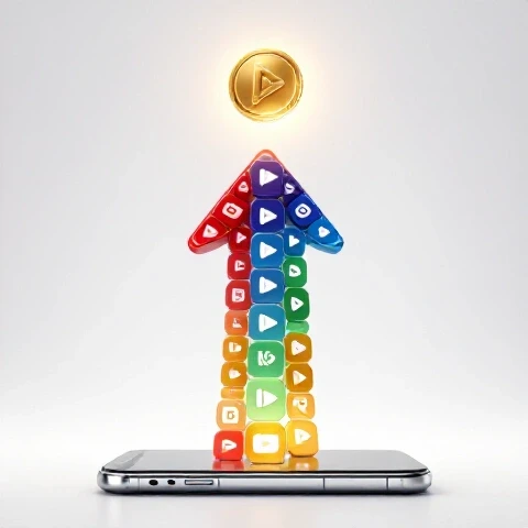Vibrant upward arrow made of video play icons ascends from device toward glowing gold coin, on bright studio background.