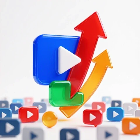 Vivid arrow made of video play buttons lifts a channel icon above faded competitor icons on a bright background.