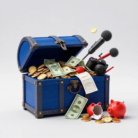 Split treasure chest overflowing with money on one side and spilling expenses, bills, and tools on the other