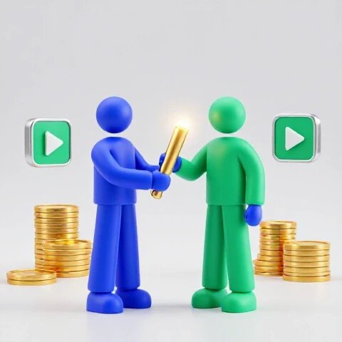Confident figure handing a glowing gold baton to a teammate, with coins and video icons in a bright studio setting