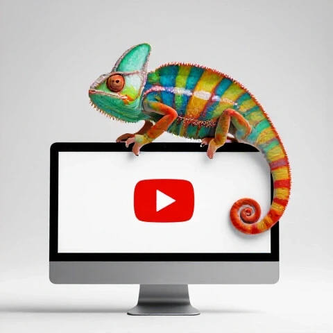 A vibrant chameleon morphs colors atop a computer displaying the YouTube play button, symbolizing channel rebranding.