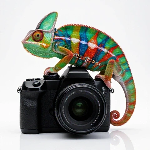 Vivid chameleon split between muted and bold colors perched atop a camera against a bright studio backdrop.